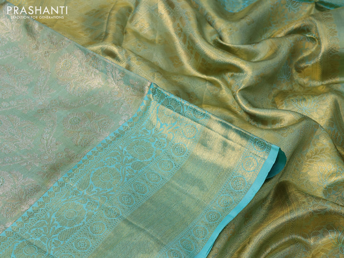 Pure kanchipuram tissue silk saree gold and teal blue with allover zari woven brocade weaves and long rich zari woven border