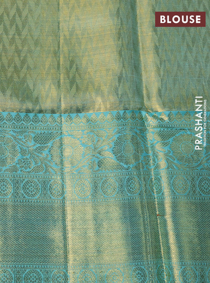 Pure kanchipuram tissue silk saree gold and teal blue with allover zari woven brocade weaves and long rich zari woven border