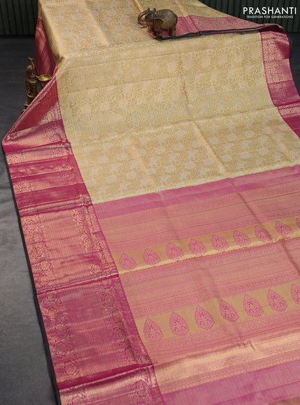 Pure kanchipuram tissue silk saree gold and dual shade of pink with allover zari woven annam brocade weaves and long rich zari woven border