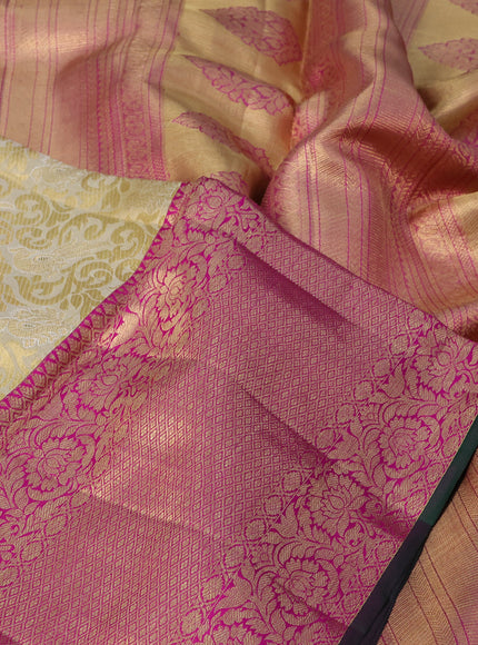 Pure kanchipuram tissue silk saree gold and dual shade of pink with allover zari woven annam brocade weaves and long rich zari woven border