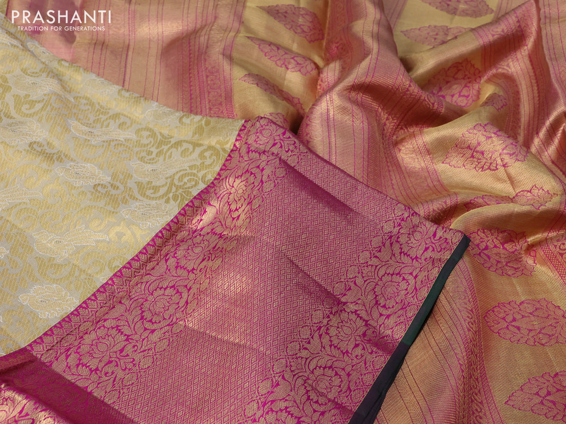 Pure kanchipuram tissue silk saree gold and dual shade of pink with allover zari woven annam brocade weaves and long rich zari woven border