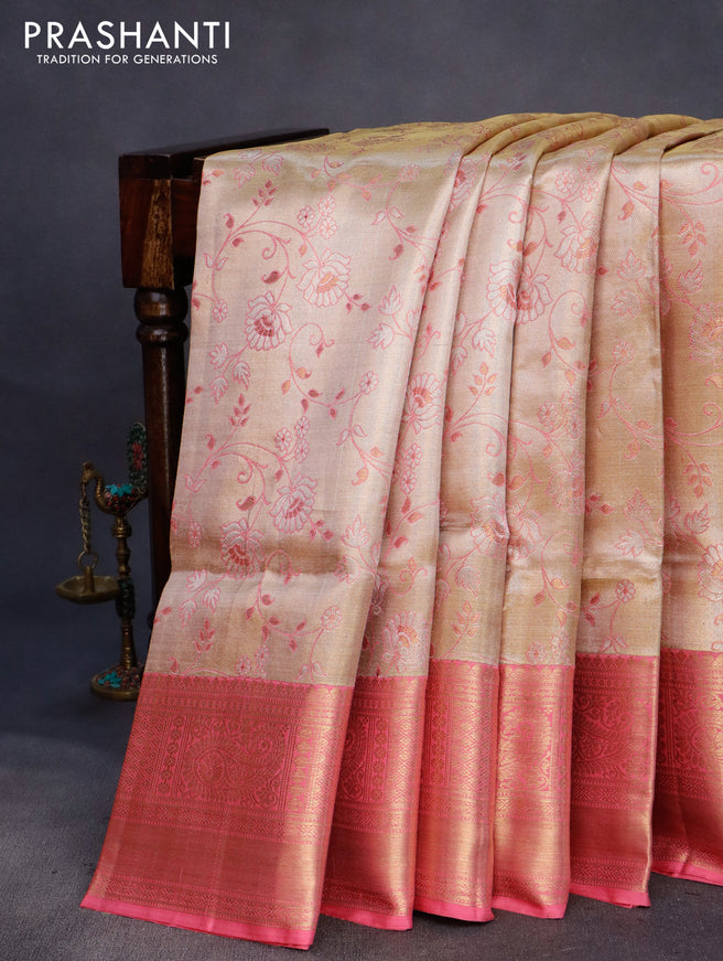 Pure kanchipuram tissue silk saree gold and pink shade with allover zari woven floral brocade weaves and long rich zari woven border