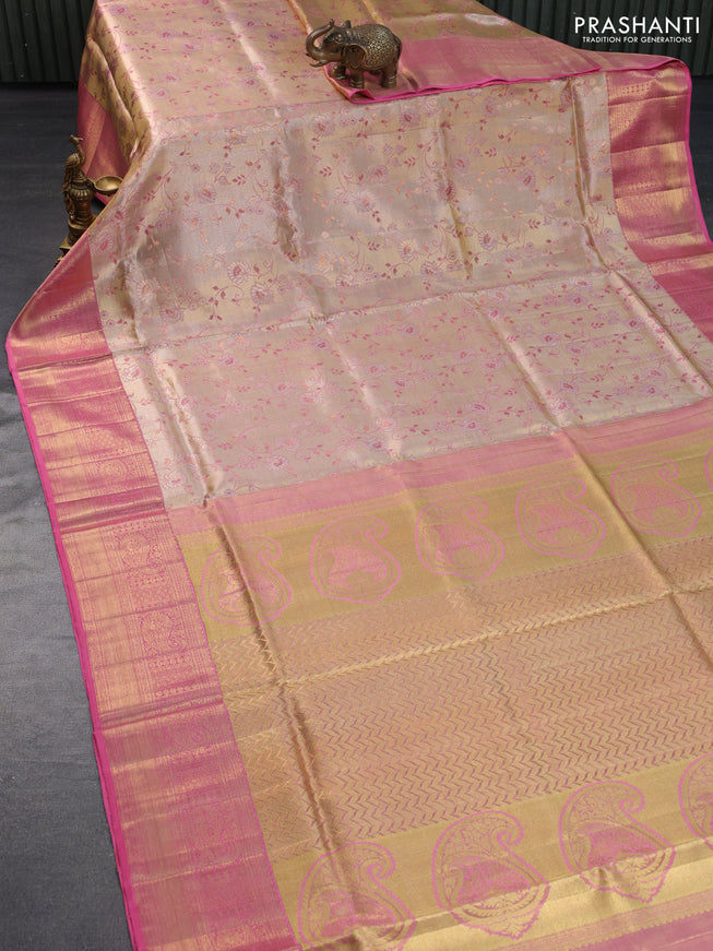 Pure kanchipuram tissue silk saree gold and pink shade with allover zari woven floral brocade weaves and long rich zari woven border