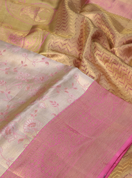 Pure kanchipuram tissue silk saree gold and pink shade with allover zari woven floral brocade weaves and long rich zari woven border