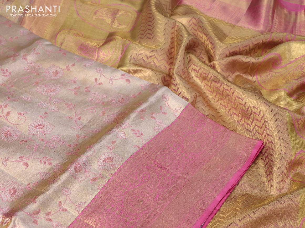 Pure kanchipuram tissue silk saree gold and pink shade with allover zari woven floral brocade weaves and long rich zari woven border