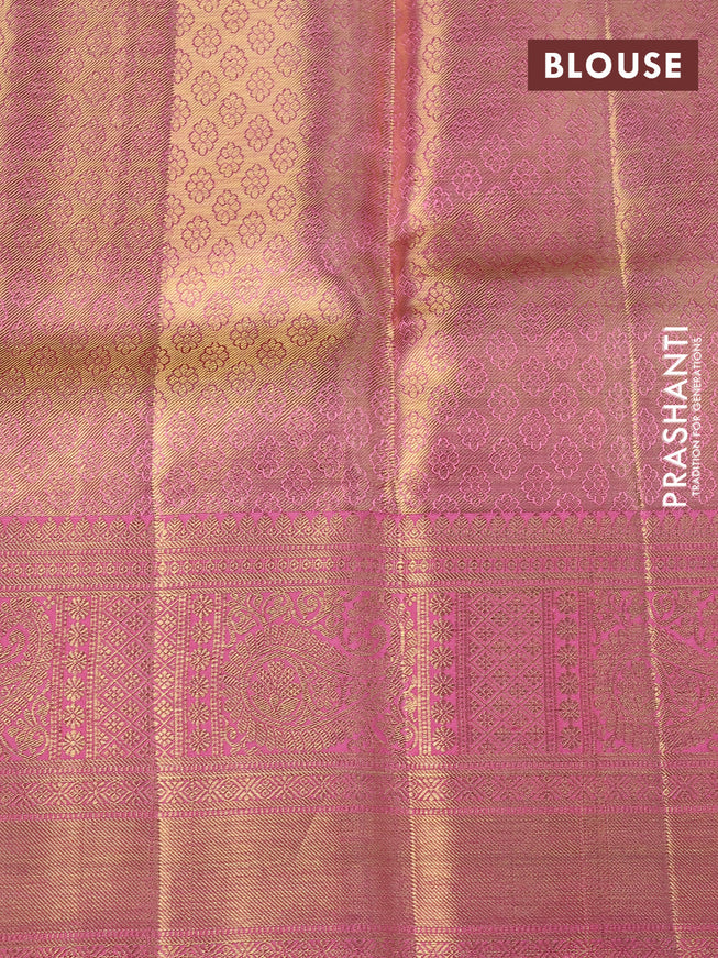 Pure kanchipuram tissue silk saree gold and pink shade with allover zari woven floral brocade weaves and long rich zari woven border