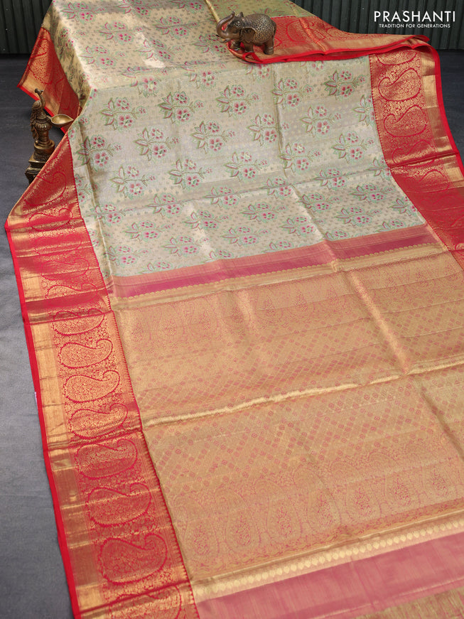 Pure kanchipuram tiisue silk saree gold and dual shade of pink with allover zari woven floral brocade weaves and long rich zari woven paisley border