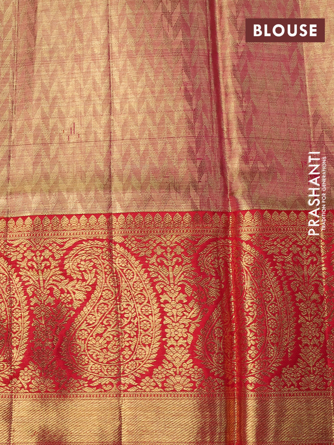 Pure kanchipuram tiisue silk saree gold and dual shade of pink with allover zari woven floral brocade weaves and long rich zari woven paisley border