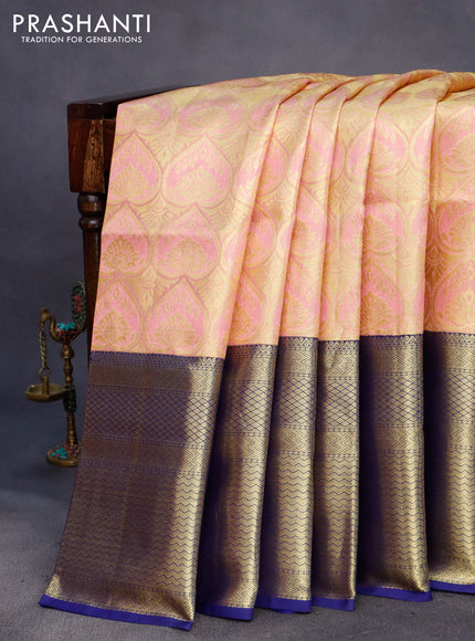 Pure kanchipuram tissue silk saree peach pink and blue with allover zari woven brocade weaves and long rich zari woven border