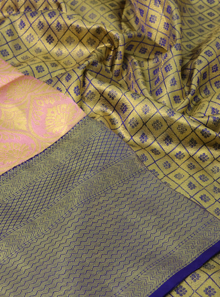 Pure kanchipuram tissue silk saree peach pink and blue with allover zari woven brocade weaves and long rich zari woven border