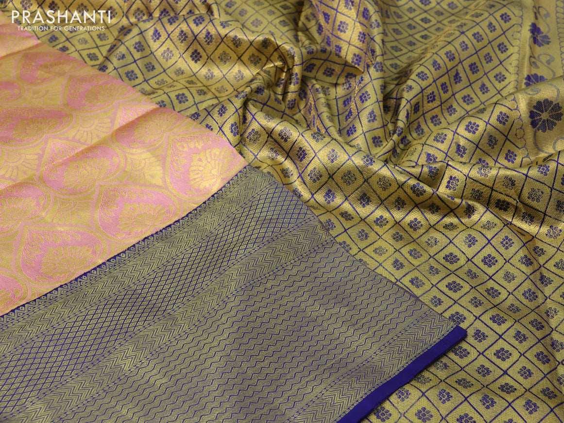 Pure kanchipuram tissue silk saree peach pink and blue with allover zari woven brocade weaves and long rich zari woven border