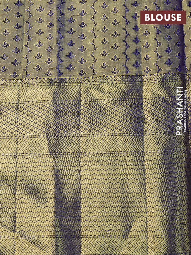 Pure kanchipuram tissue silk saree peach pink and blue with allover zari woven brocade weaves and long rich zari woven border