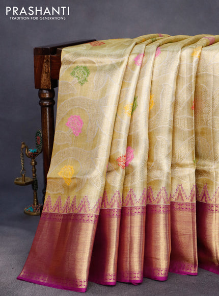 Pure kanchipuram tissue silk saree gold and dual shade of purple with allover zari woven floral brocade weaves and temple design rich zari woven border