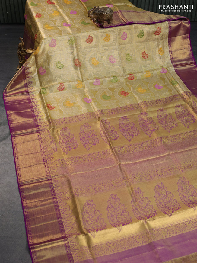 Pure kanchipuram tissue silk saree gold and dual shade of purple with allover zari woven floral brocade weaves and temple design rich zari woven border