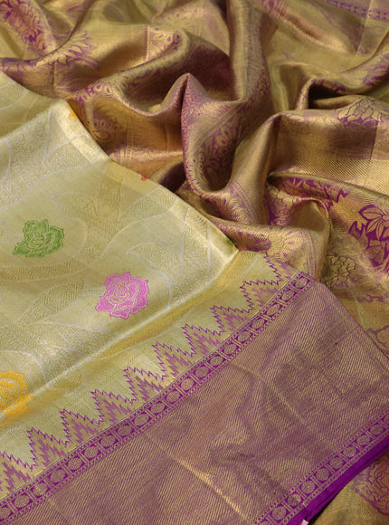 Pure kanchipuram tissue silk saree gold and dual shade of purple with allover zari woven floral brocade weaves and temple design rich zari woven border