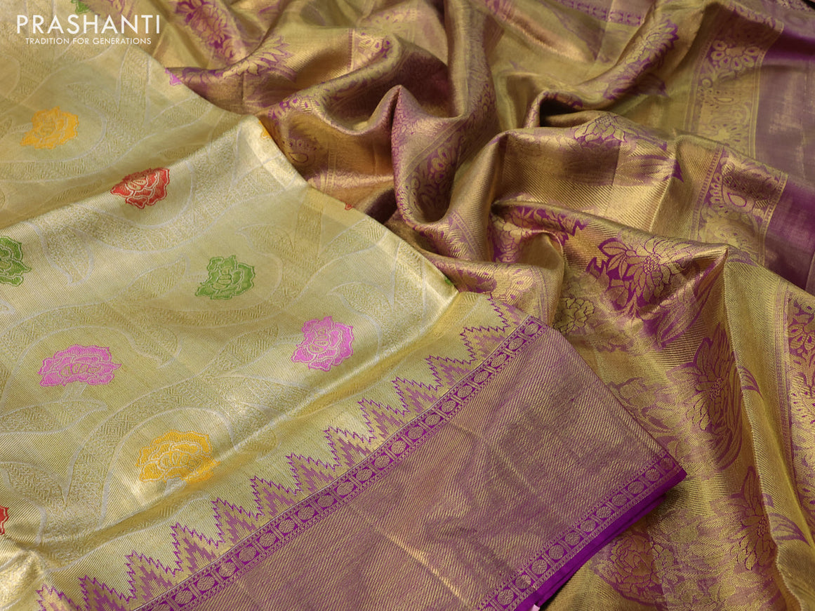 Pure kanchipuram tissue silk saree gold and dual shade of purple with allover zari woven floral brocade weaves and temple design rich zari woven border