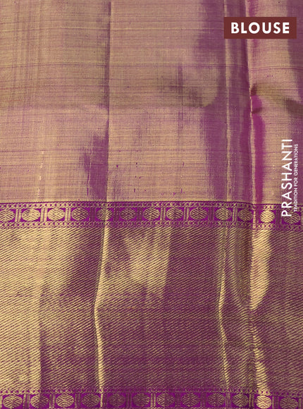 Pure kanchipuram tissue silk saree gold and dual shade of purple with allover zari woven floral brocade weaves and temple design rich zari woven border