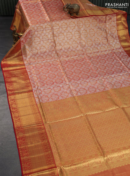 Pure kanchipuram tissue silk saree dual shade of red and red with allover zari woven geometric brocade weaves and long rich zari woven border