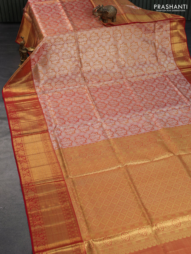 Pure kanchipuram tissue silk saree dual shade of red and red with allover zari woven geometric brocade weaves and long rich zari woven border