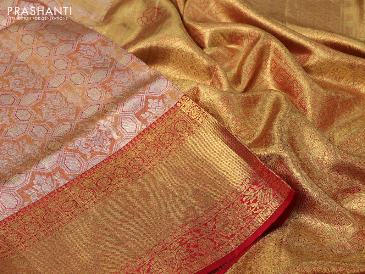 Pure kanchipuram tissue silk saree dual shade of red and red with allover zari woven geometric brocade weaves and long rich zari woven border