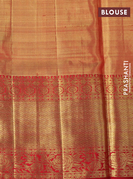 Pure kanchipuram tissue silk saree dual shade of red and red with allover zari woven geometric brocade weaves and long rich zari woven border