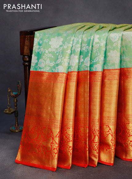 Pure kanchipuram tissue silk saree teal green shade and red with allover zari woven brocade weaves and long rich zari woven border