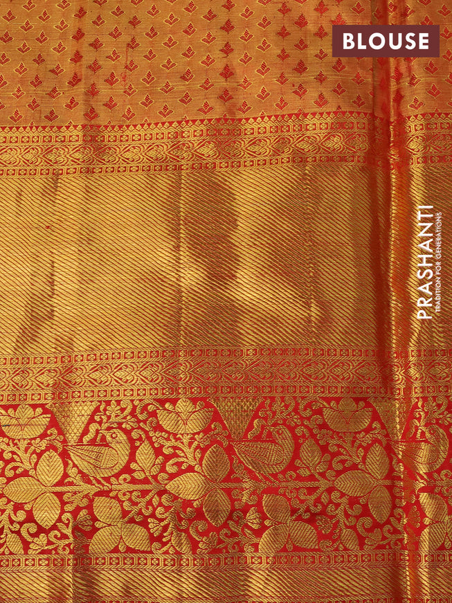 Pure kanchipuram tissue silk saree teal green shade and red with allover zari woven brocade weaves and long rich zari woven border