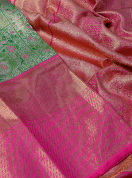 Pure kanchipuram tissue silk saree light green and pink with allover silver zari woven brocade weaves and long zari woven border