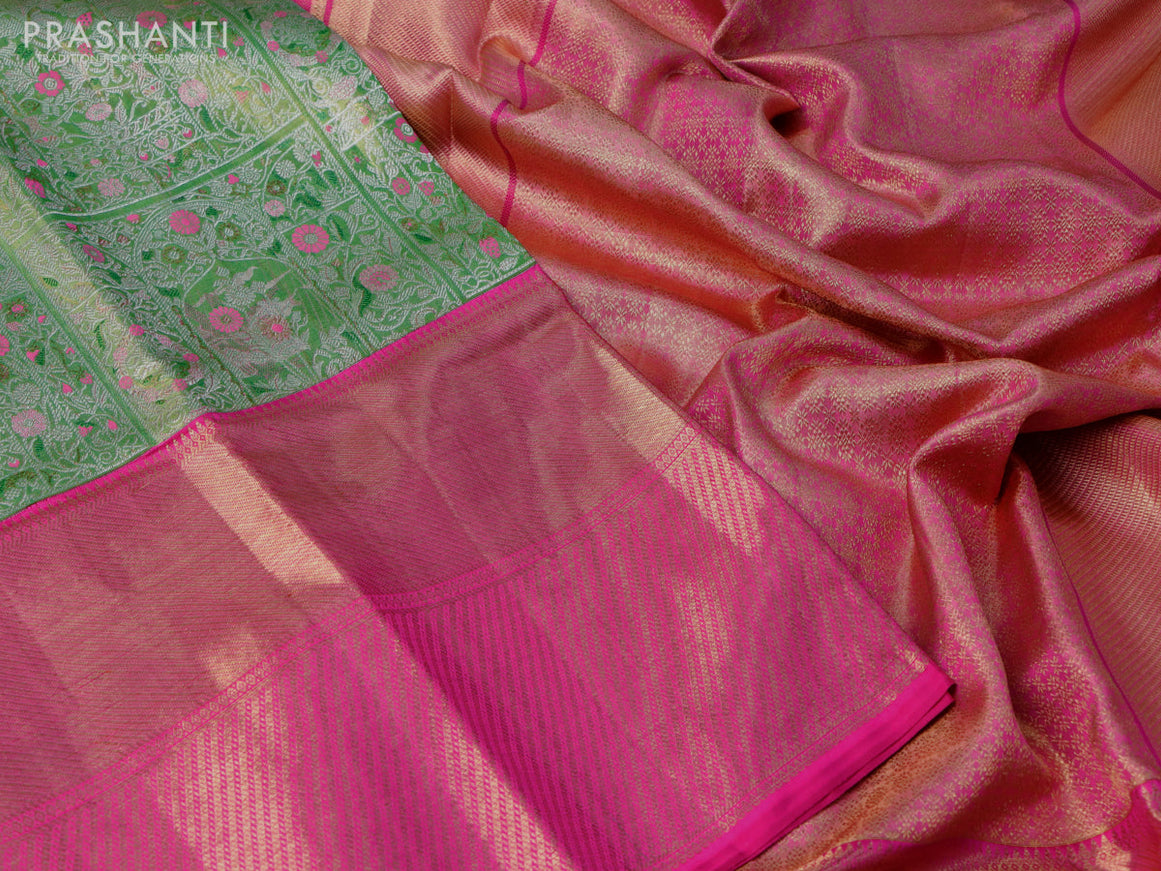 Pure kanchipuram tissue silk saree light green and pink with allover silver zari woven brocade weaves and long zari woven border