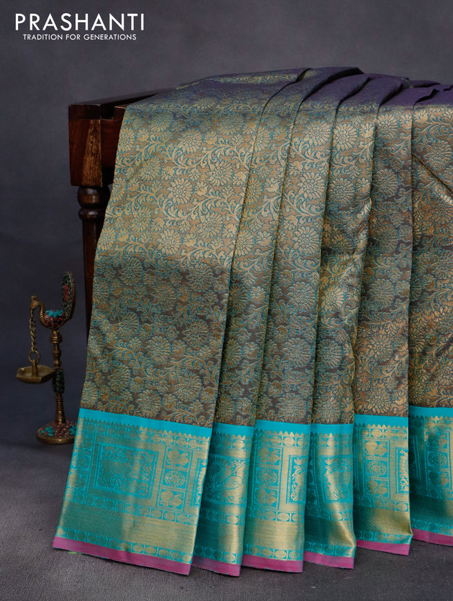 Pure kanchipuram tissue silk saree gold and teal blue with allover zari woven brocade weaves and rich zari woven border