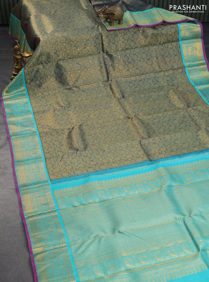 Pure kanchipuram tissue silk saree gold and teal blue with allover zari woven brocade weaves and rich zari woven border