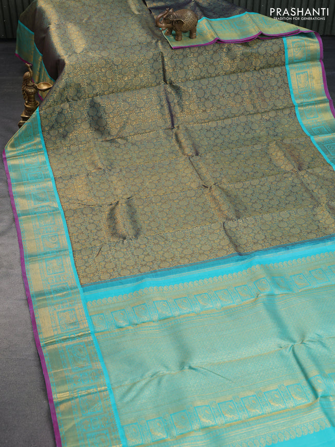 Pure kanchipuram tissue silk saree gold and teal blue with allover zari woven brocade weaves and rich zari woven border