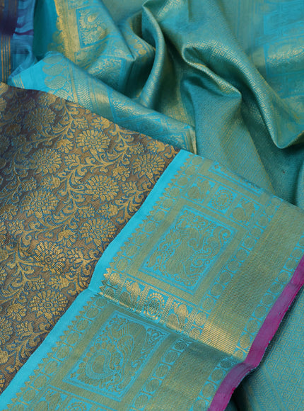 Pure kanchipuram tissue silk saree gold and teal blue with allover zari woven brocade weaves and rich zari woven border