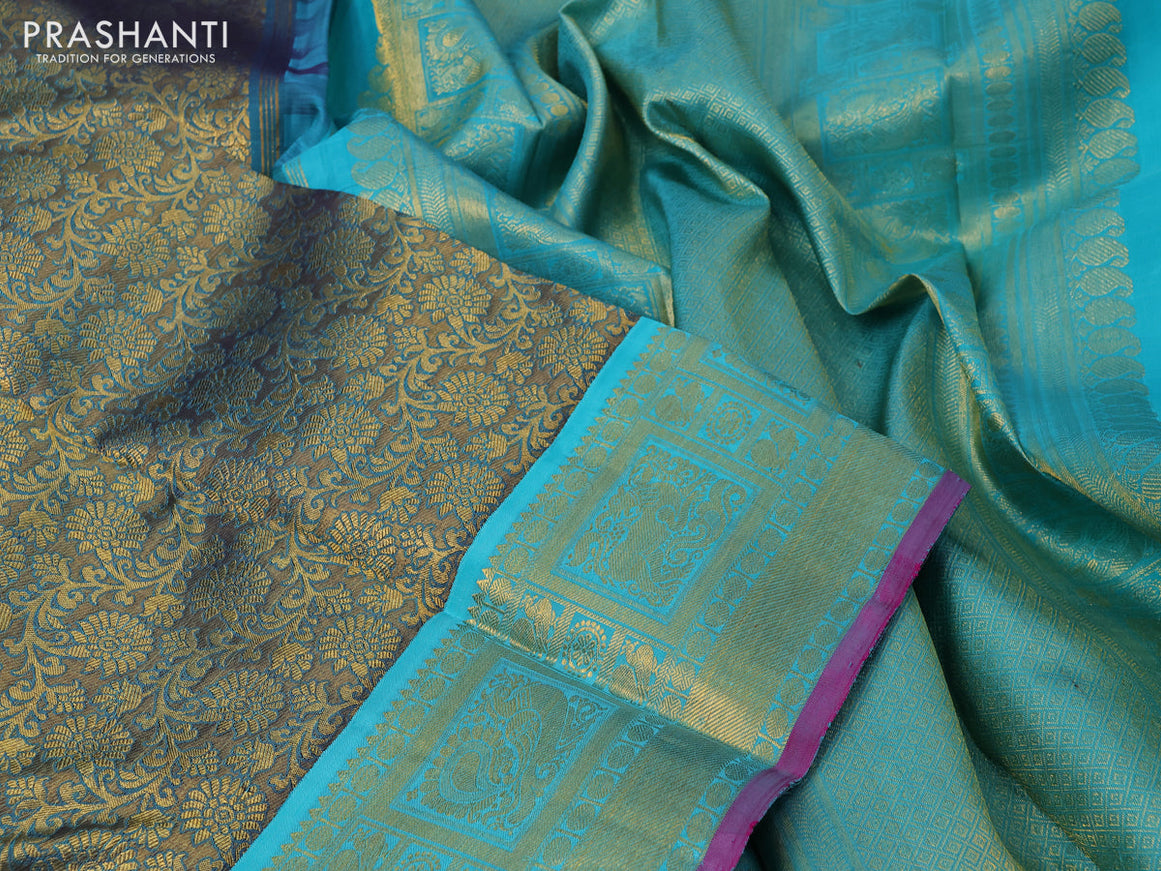 Pure kanchipuram tissue silk saree gold and teal blue with allover zari woven brocade weaves and rich zari woven border