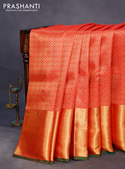 Pure kanchipuram silk saree red and green with allover zari woven brocade weaves and long rich zari woven border