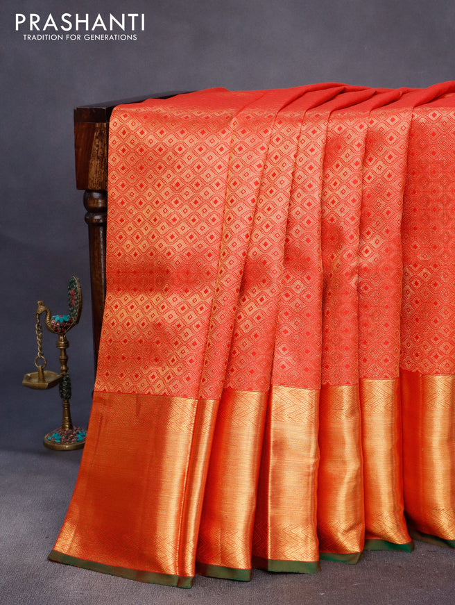 Pure kanchipuram silk saree red and green with allover zari woven brocade weaves and long rich zari woven border