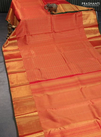 Pure kanchipuram silk saree red and green with allover zari woven brocade weaves and long rich zari woven border