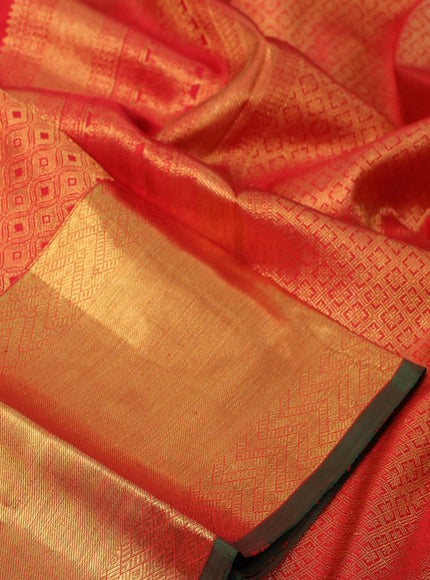 Pure kanchipuram silk saree red and green with allover zari woven brocade weaves and long rich zari woven border