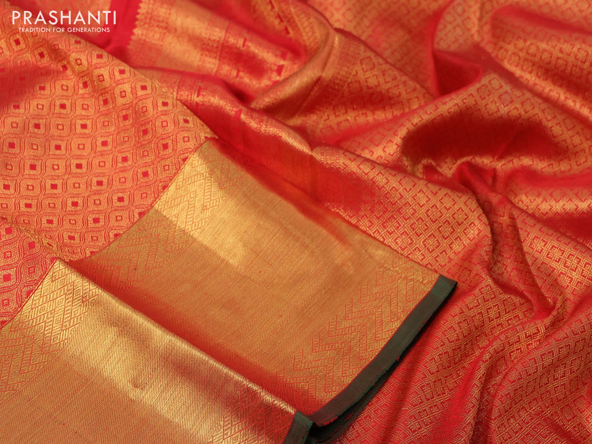 Pure kanchipuram silk saree red and green with allover zari woven brocade weaves and long rich zari woven border