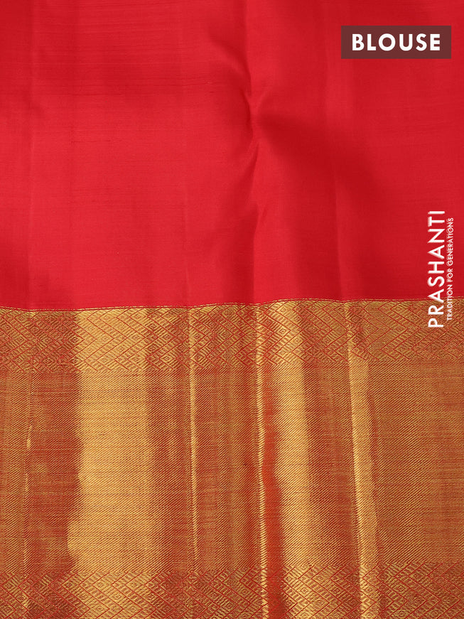 Pure kanchipuram silk saree red and green with allover zari woven brocade weaves and long rich zari woven border