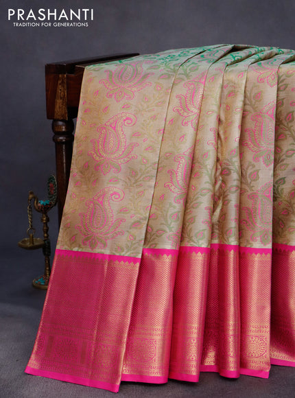 Pure kanchipuram tissue silk saree dual shade of green and pink with allover thread & zari woven paisley brocade weaves and long rich zari woven border