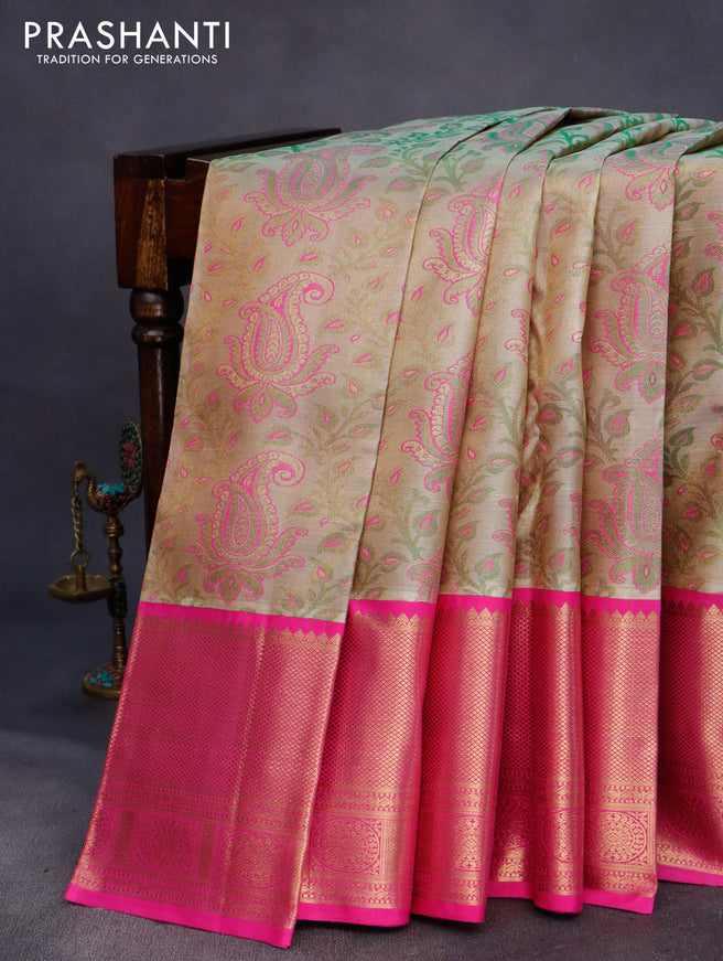 Pure kanchipuram tissue silk saree dual shade of green and pink with allover thread & zari woven paisley brocade weaves and long rich zari woven border