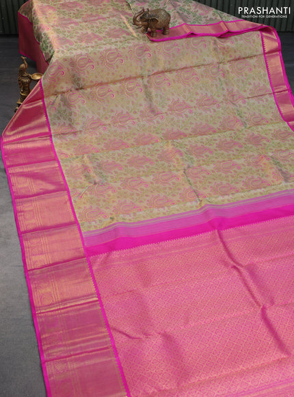 Pure kanchipuram tissue silk saree dual shade of green and pink with allover thread & zari woven paisley brocade weaves and long rich zari woven border