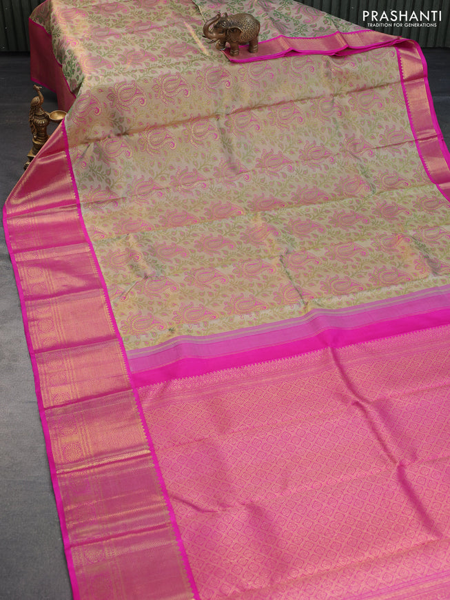 Pure kanchipuram tissue silk saree dual shade of green and pink with allover thread & zari woven paisley brocade weaves and long rich zari woven border