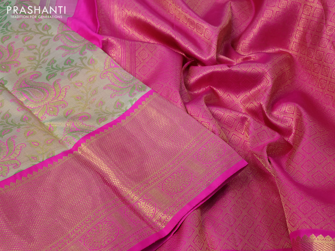 Pure kanchipuram tissue silk saree dual shade of green and pink with allover thread & zari woven paisley brocade weaves and long rich zari woven border