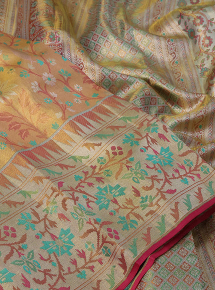 Pure kanchipuram tissue silk saree dual shade of peach and pink with allover thread & zari woven brocade weaves and long rich zari woven border