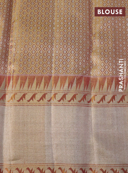 Pure kanchipuram tissue silk saree dual shade of peach and pink with allover thread & zari woven brocade weaves and long rich zari woven border