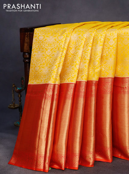 Pure kanchipuram silk saree yellow and pink with allover silver zari weaves and long rich zari woven border