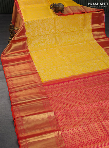 Pure kanchipuram silk saree yellow and pink with allover silver zari weaves and long rich zari woven border