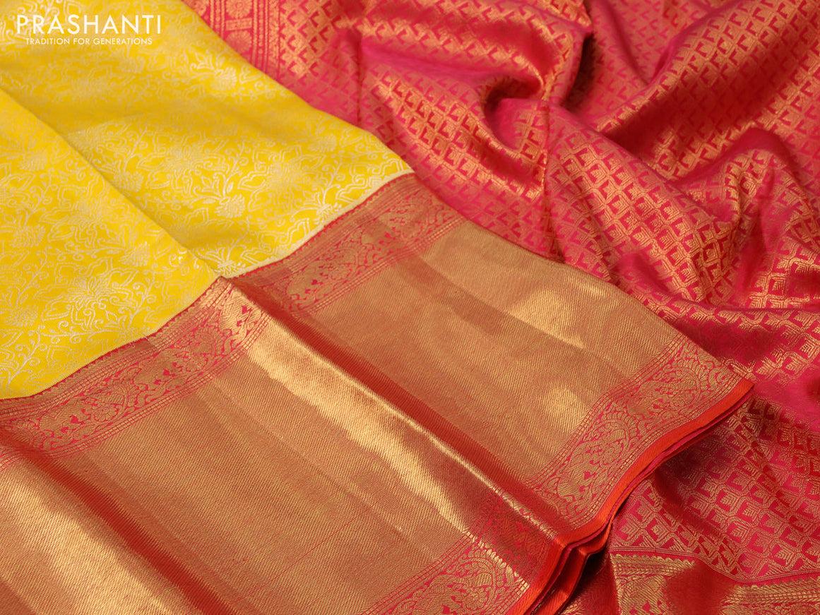 Pure kanchipuram silk saree yellow and pink with allover silver zari weaves and long rich zari woven border